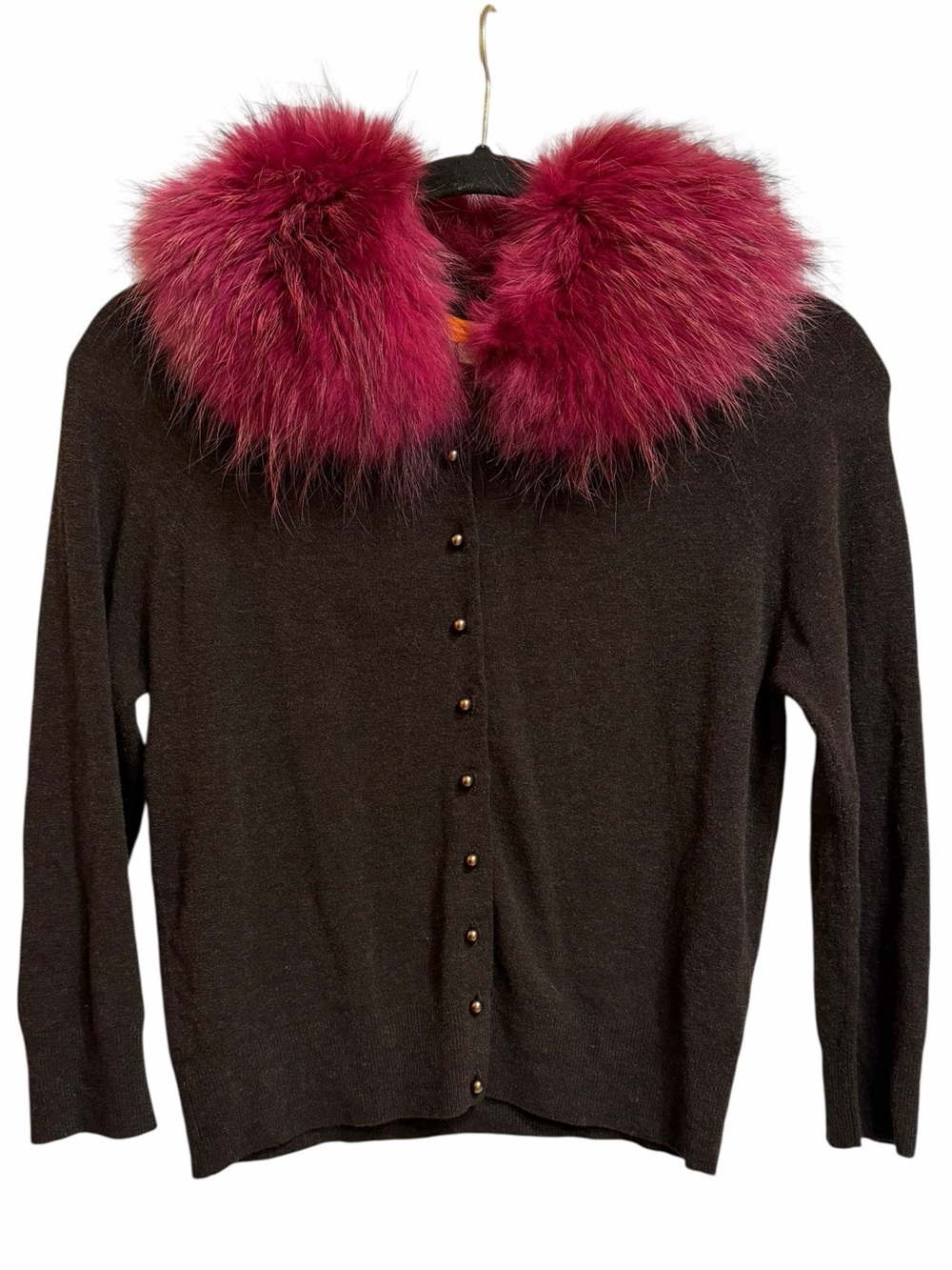 Cynthia Steffe Y2K Dark Brown Cropped Cardigan Hot Pink Fox Fur Collar Small
